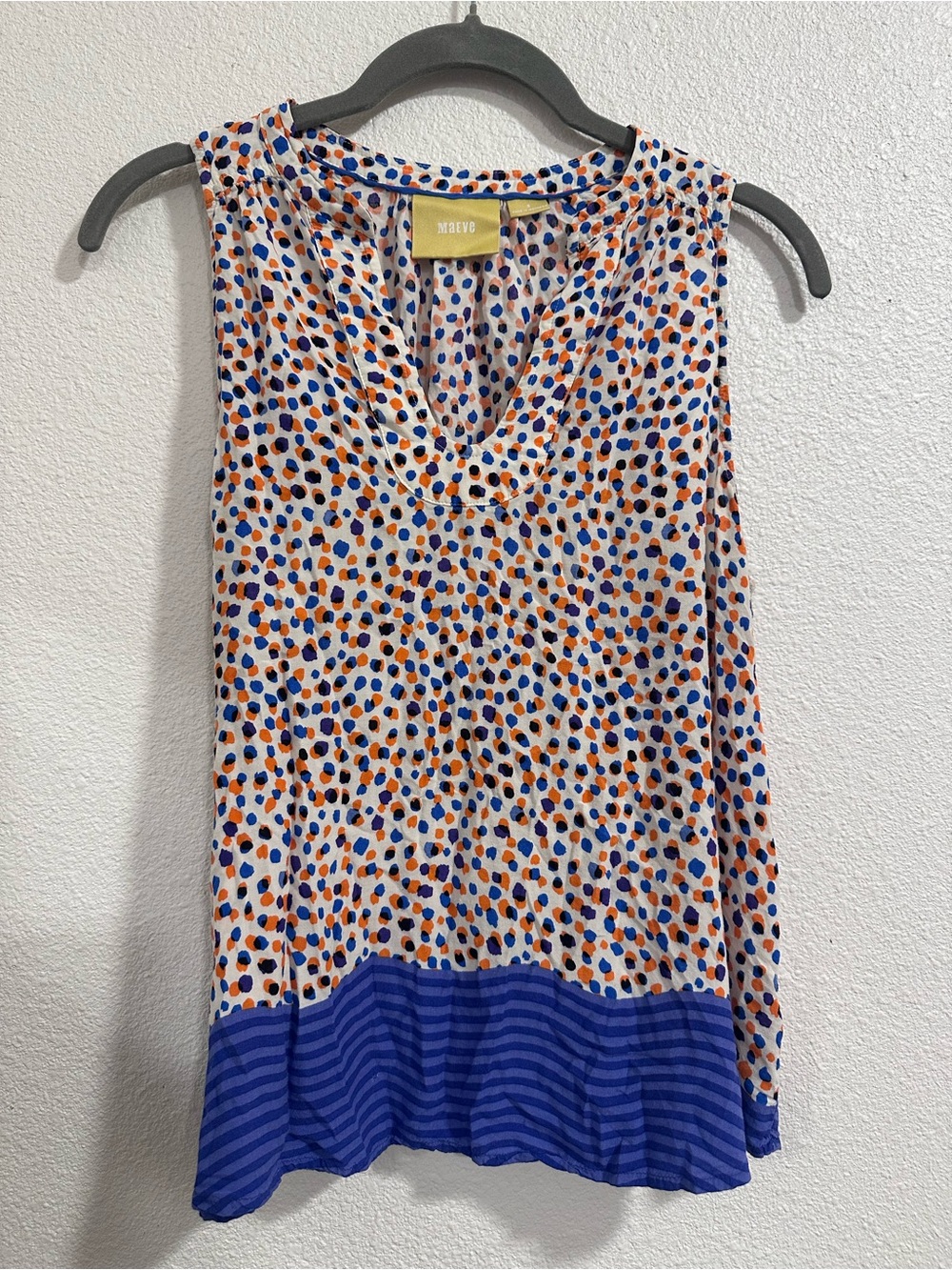 Anthropologie White Blouse with Blue, Orange, Purple and Black Dot Print